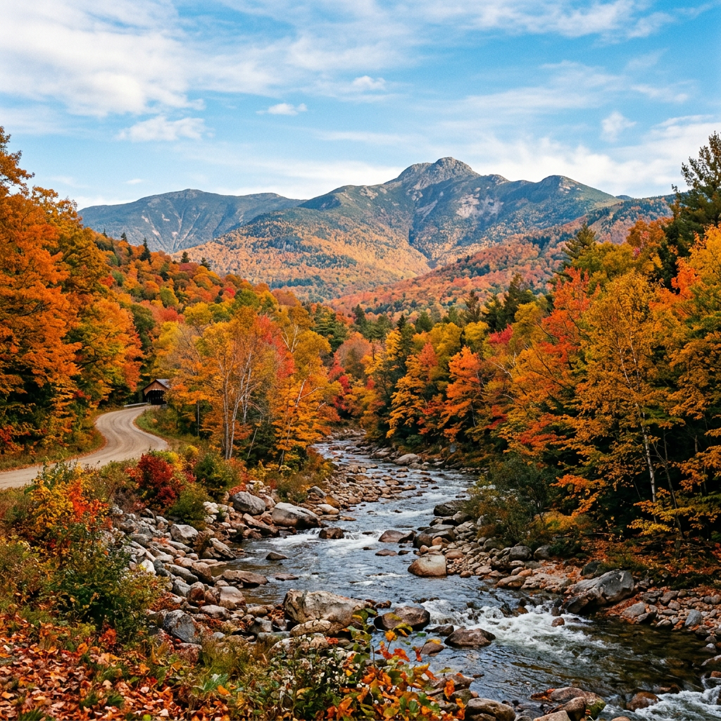 Rocky stream winding through colorful autumn forest beneath mountain peaks