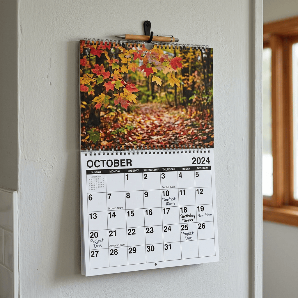October 2024 wall calendar with autumn forest photo and handwritten appointments